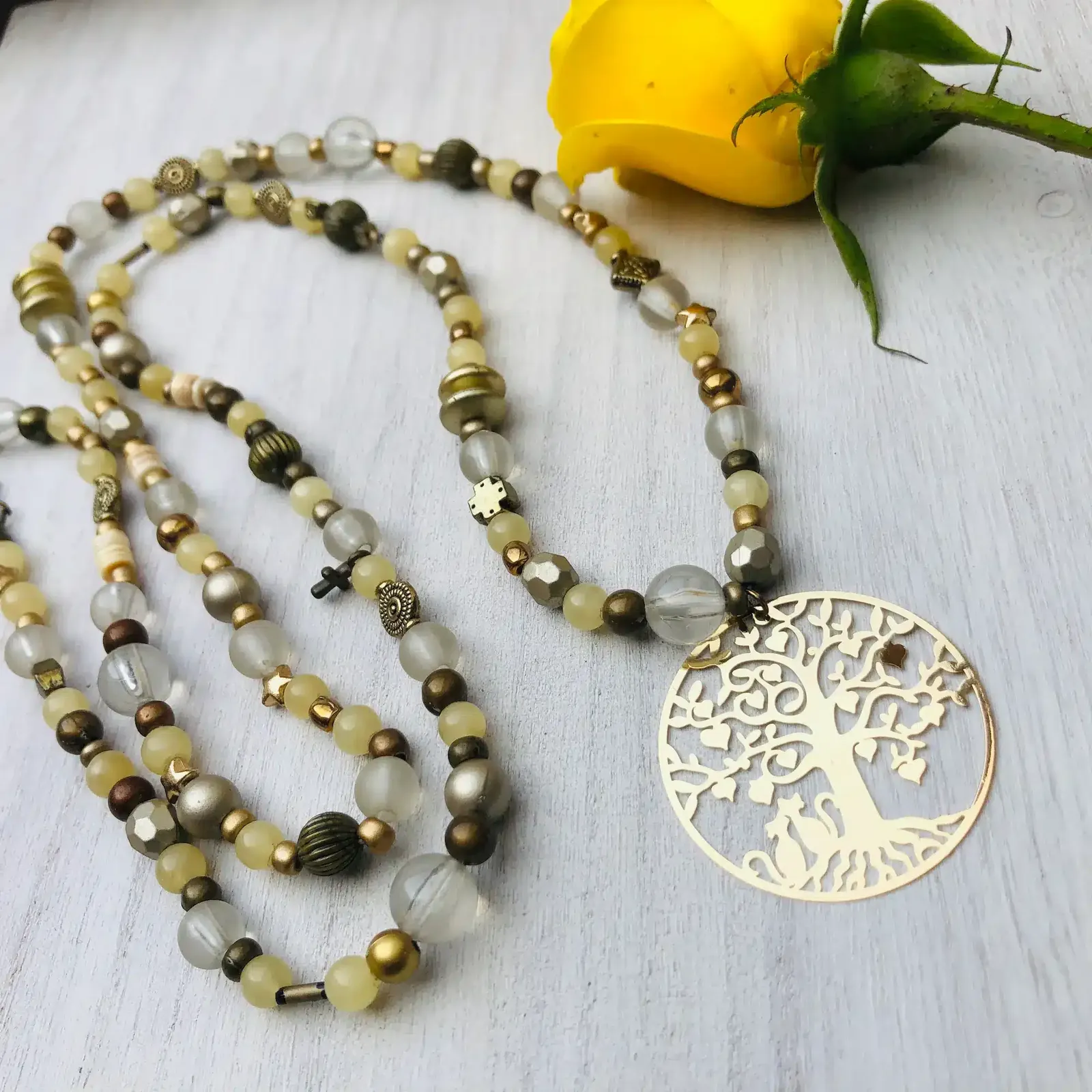 Collar piedras y colgante árbol de vida baño oro